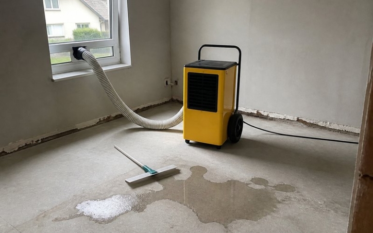 Bautrockner mit Abluftschlauch am gekippten Fenster