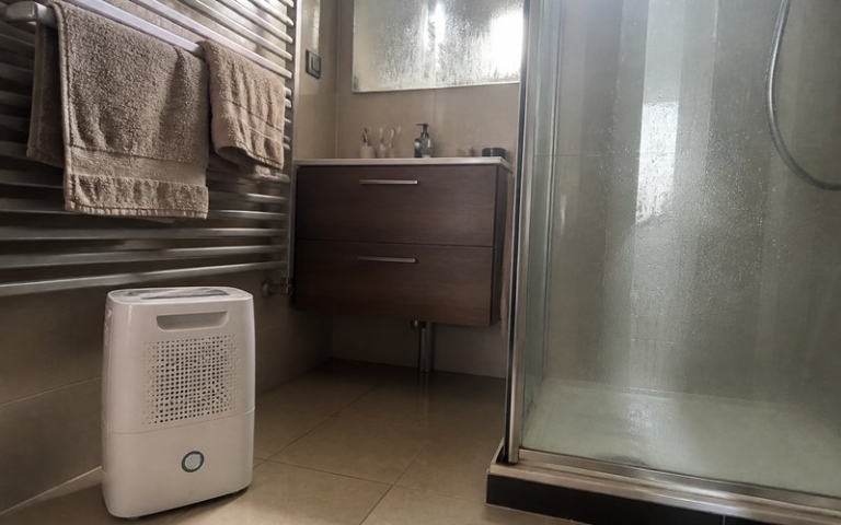 Luftentfeuchter im Badezimmer neben der Dusche
