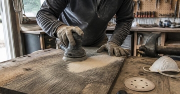 Exzenterschleifer schleift ein Holzbrett in einer Heimwerkstatt