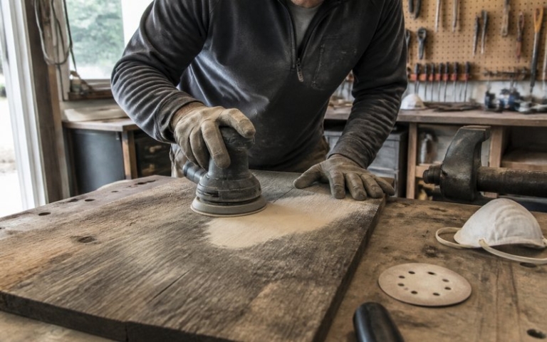 Exzenterschleifer schleift ein Holzbrett in einer Heimwerkstatt